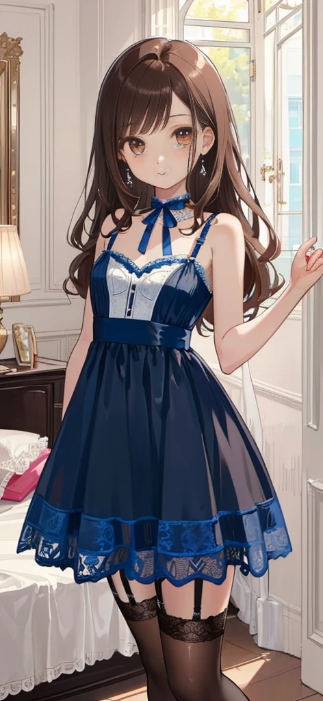 ((masterpiece)), ((best quality)), ((ultra detailed)), ((kawaii)), cute, (lovely), ((extremely detailed)), ((8K)), (beautiful), full body, luxury room, a cute girl, 1girl, solo, blue mini camisole dress,beautiful light brown hair, ((detailed beautiful brown eyes)), white-skinned, long hair, flat breast, tiny breast, garter belt,garter stoking,standing