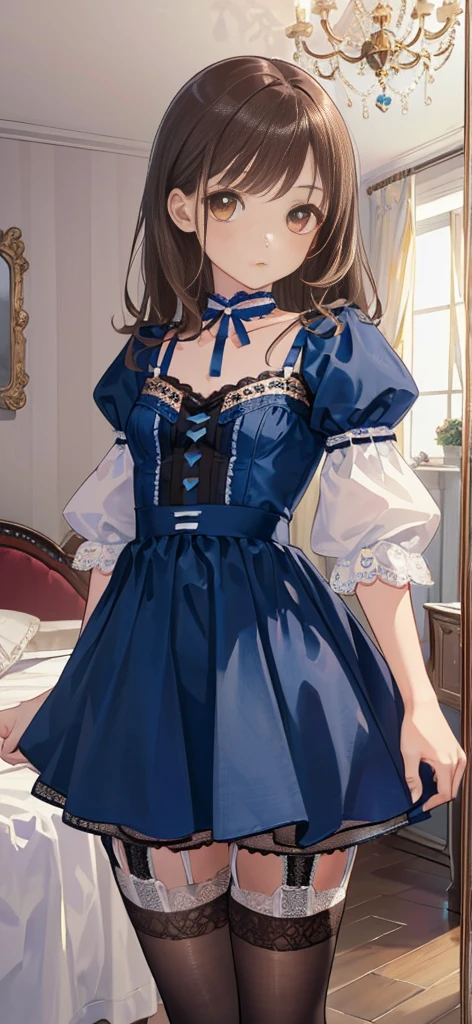 ((masterpiece)), ((best quality)), ((ultra detailed)), ((kawaii)), cute, (lovely), ((extremely detailed)), ((8K)), (beautiful), full body, luxury room, a cute girl, 1girl, solo, blue mini camisole dress,beautiful light brown hair, ((detailed beautiful brown eyes)), white-skinned, flat breast, tiny breast, garter belt,(garter stockings:1.4),full body