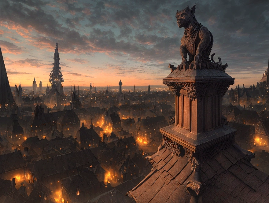 a view of fantasy medieval city, taken from the top of church of , at night, the shot taken while standing behind the statue of a ((gargoyle on the roof: 1.5)), 16K, ultra detailed, masterpiece, best quality, (extremely detailed), arafed, dnd art, god rays, cinematic lighting, glowing light, silhouette, from outside, photorealism, panoramic view (Masterpiece, intense details: 1.5) , Wide-Angle, Ultra-Wide Angle, aetherpunkai