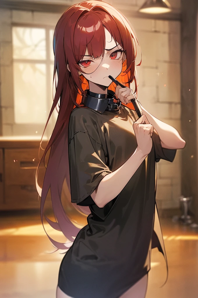 {masterpiece, distinct_image, extremely detailed CG, beautiful eyes and detailed face, 4k, 8k, high_resolution, perfect_finger, medieval style, (beautiful_detailed_eyes:1.3), glitter, no_light, dark_background{1boy, face_focus,full body, looking for_in_viewer, standing},{(shota,slave:1.3) (tattered_very_big_gray T-shirt, no pants, {thick_gray_metal_collar:1.6}, black_right_eyepatch:1.5), (red_hair, red_eyes, long_hair, hair_over_one_eye, one_eye_covered_with_hair, asymmetrical_bangs:1.4), (tired_face, glaring, breathing:1.3), (Middle_Ages_prison_indoor:1.3)}}