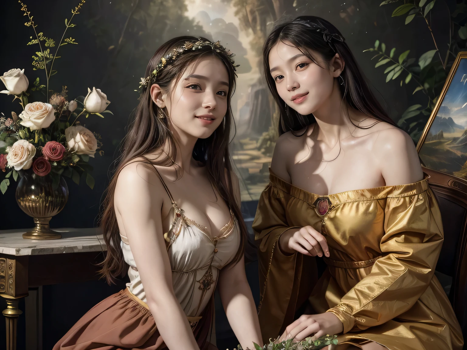 Giorgione painting style,Arguments of two female Philosophe,math、astronomical machine、astronaut、roses in vase、fruits、Cute trinkets、smile、ancient greek costume、Background is a forest lake at night 、Clothes that stretch your shoulders、A big smile、beautiful bare skin、A detailed representation of the seducing woman throughout her body.