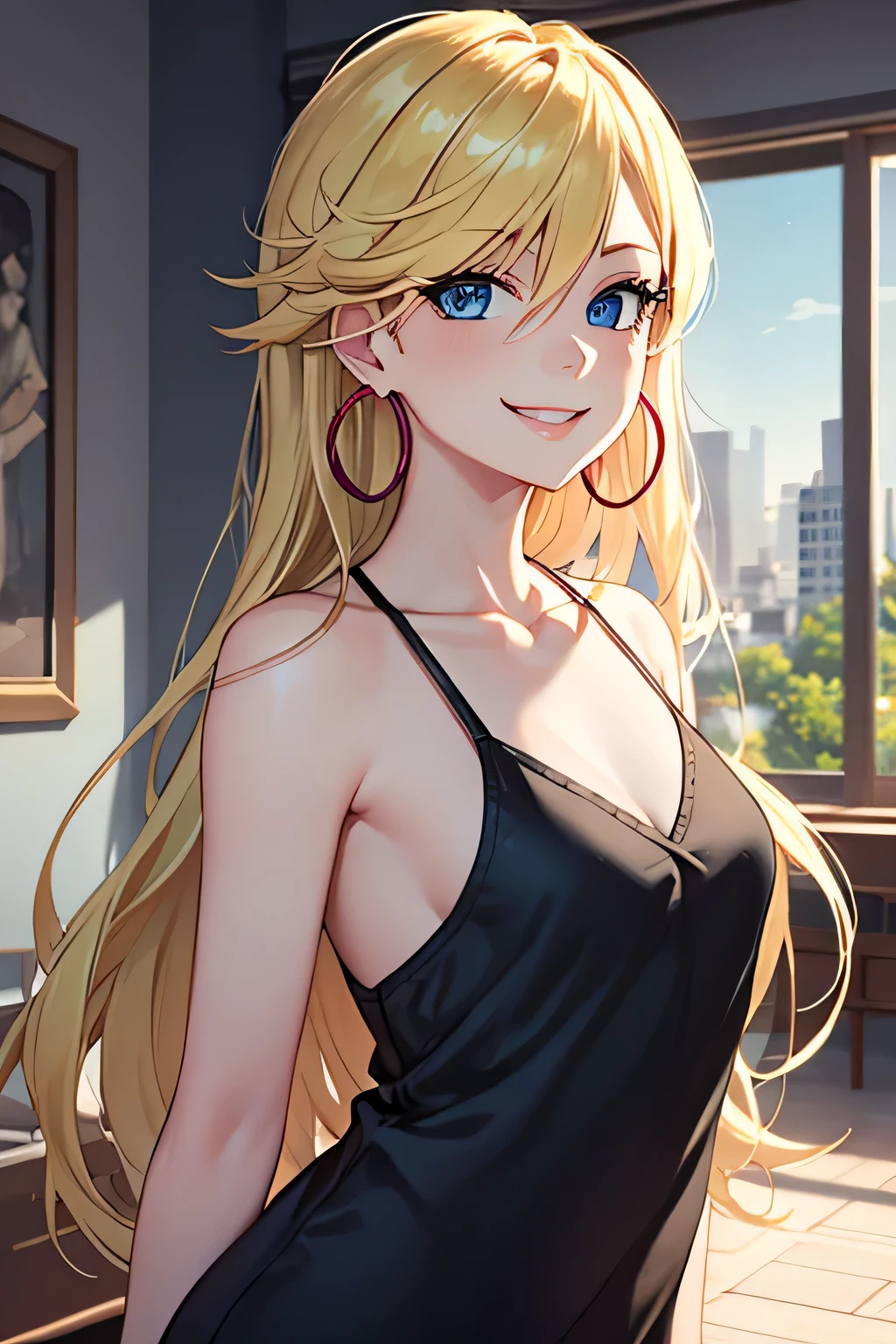 masterpiece, best quality, solo, 1 girl, psgpanty, black dress, blue eyes, long hair, blonde hair, hoop earrings, upper body, collarbone, little sleeveless black dress, parody, indoors, smile