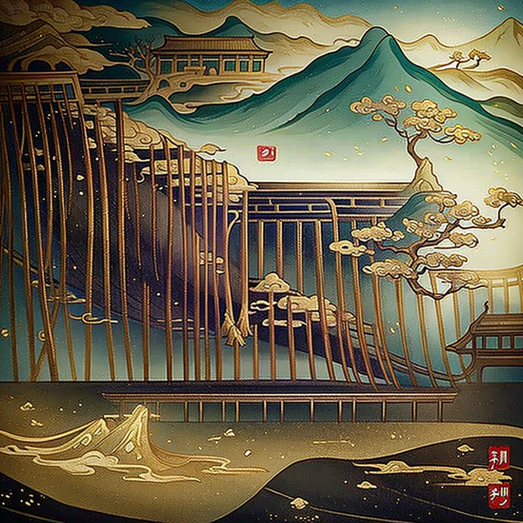 Ancient Chinese paintings, Chinese Background, Mountains, river, Xiangyun, Exhibition Hall, Sunlight, masterpiece, Super Detail, ;Green Mountain Gold