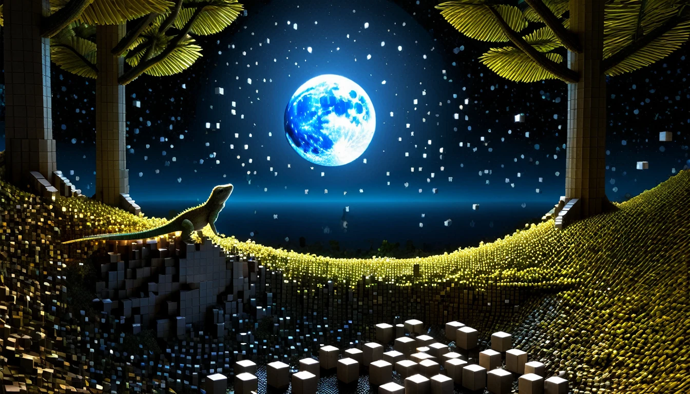 An enchanted forest in a deep, secret location littered with RAL-3D cubes, Amazing light from the moon,A tiny tiny baby lizard is looking at the moon all by itself