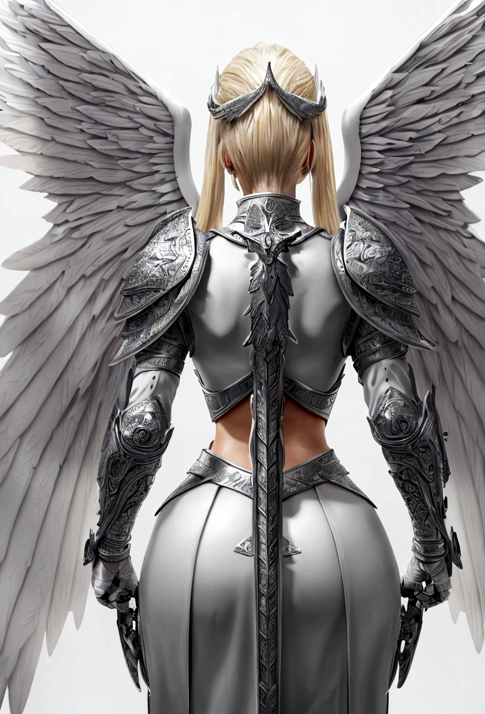 (a model shot taken from the back: 1.5), female angel (Masterpiece, intense details: 1.3), paladin, holy warrior, short blond hair, determined face, full body, armed with sword, holy symbol, (wearing white armor: 1.3), ((fully dressed: 1.5)), (wings sprouting from the back: 1.3) spread large feathered wings, majestic wings, white angelic wings, moon light, moon, stars, clouds, cemetery background, anatomically correct (Masterpiece, intense details: 1.3), god rays, cinematic lighting, glowing light, photorealism, panoramic view, Wide-Angle, Ultra-Wide Angle, 16k, highres, best quality, high details, ultra detailed, masterpiece, best quality, (extremely detailed), arafed, dnd art, armored dress