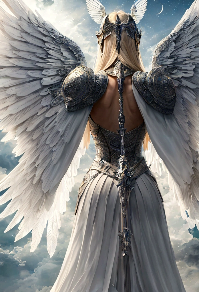 (a model shot taken from the back: 1.5), female angel (Masterpiece, intense details: 1.3), paladin, holy warrior, short blond hair, determined face, full body, armed with sword, holy symbol, (wearing white armor: 1.3), ((fully dressed: 1.5)), (wings sprouting from the back: 1.3) spread large feathered wings, majestic wings, white angelic wings, moon light, moon, stars, clouds, cemetery background, anatomically correct (Masterpiece, intense details: 1.3), god rays, cinematic lighting, glowing light, photorealism, panoramic view, Wide-Angle, Ultra-Wide Angle, 16k, highres, best quality, high details, ultra detailed, masterpiece, best quality, (extremely detailed), arafed, dnd art, armored dress