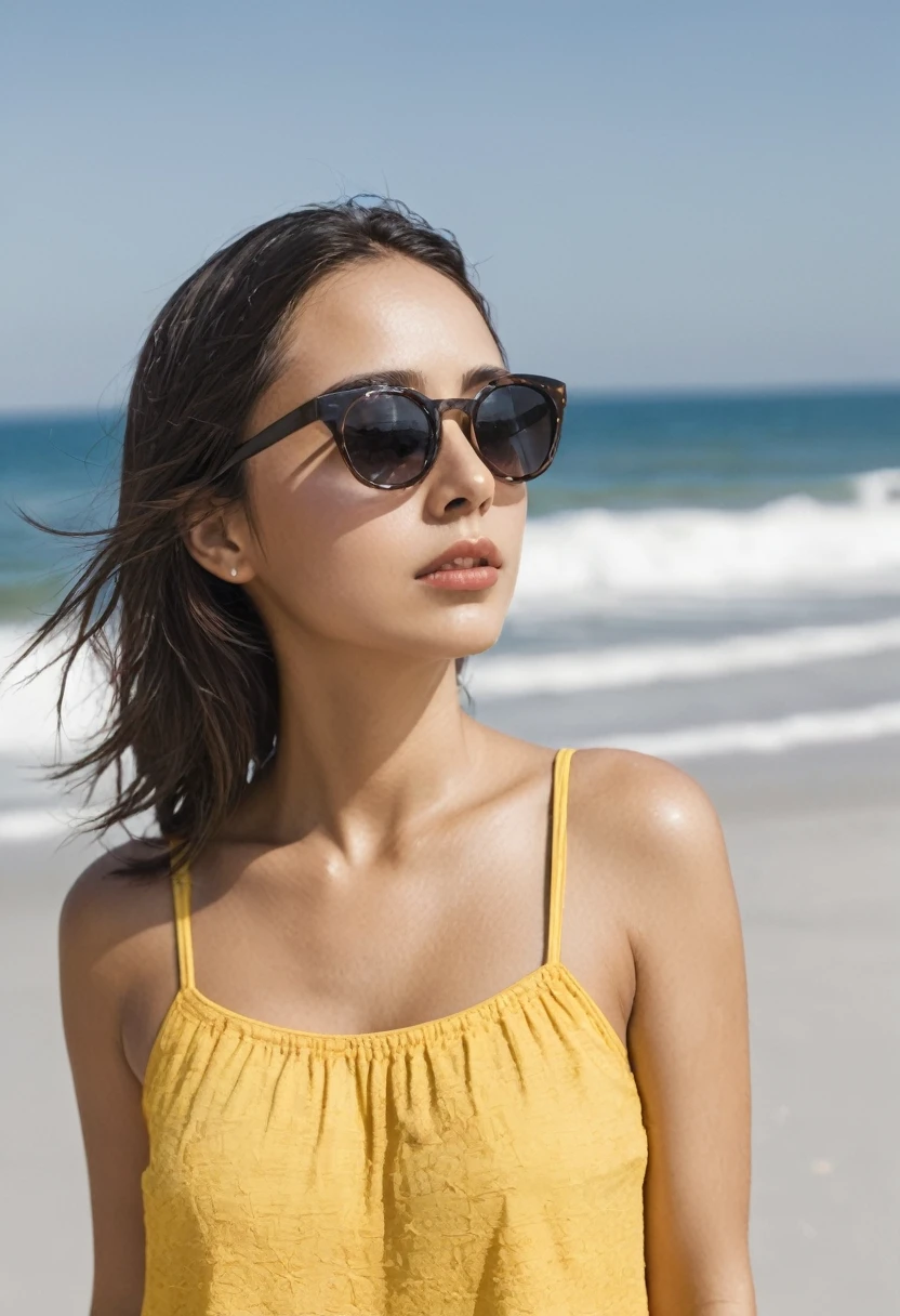 Mujer con ropa de playa, con cara un poco achinada