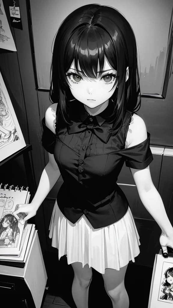 (Noir comic style illustration:1.2),(Black and White_High Contrast),One Girl,Line art,Monochrome,sketch,Pencil drawing,Traditional Media,One Girl,skirt,Short sleeve、Are standing, (Cute Teenage Girls, alone),Beautiful portrait、Delicate body、Respect、sketchブック、Black Hair,Beautiful Landscape,sketch,