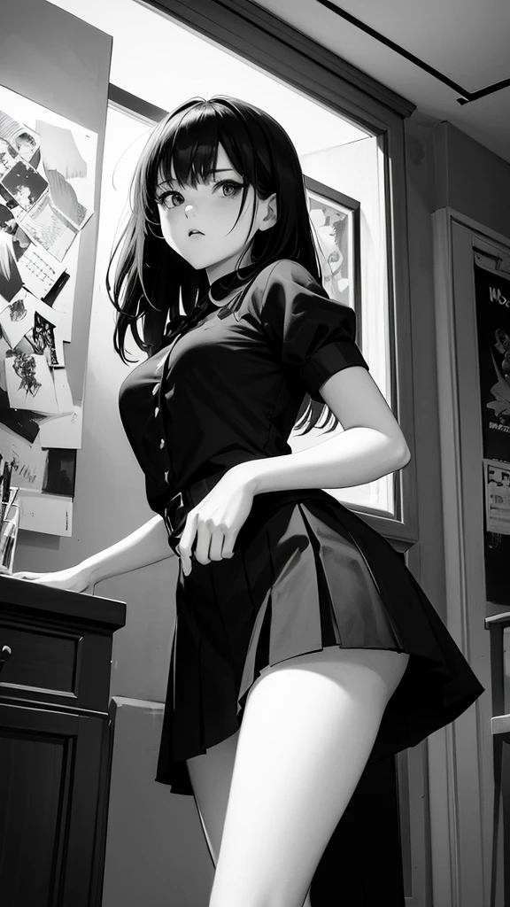 a woman, angle from side below, realistic skin, drooping eyes, (casual clothes, jacket, blouse, swollen nipples), tiny stud earrings, (open legs a little, skirt, panties), (hooking her crotch onto the (((corner))) of the table for masturbation, open mouth), short hair, in the park, skyscrapers,