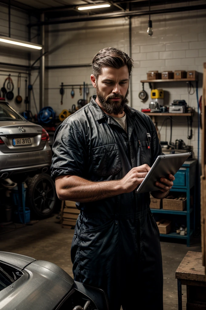 mechanic man, with a short beard in a workshop, next to a car, using a tablet, very realistic, very detail.