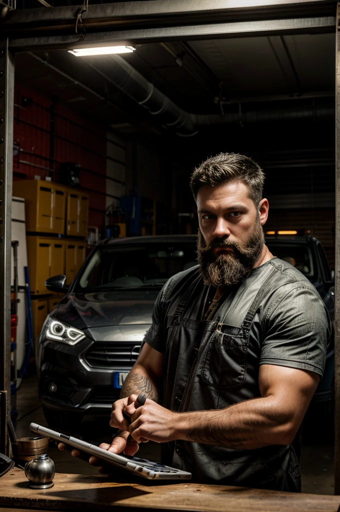 mechanic man, with a short beard in a workshop, next to a car, using a tablet, very realistic, very detail.