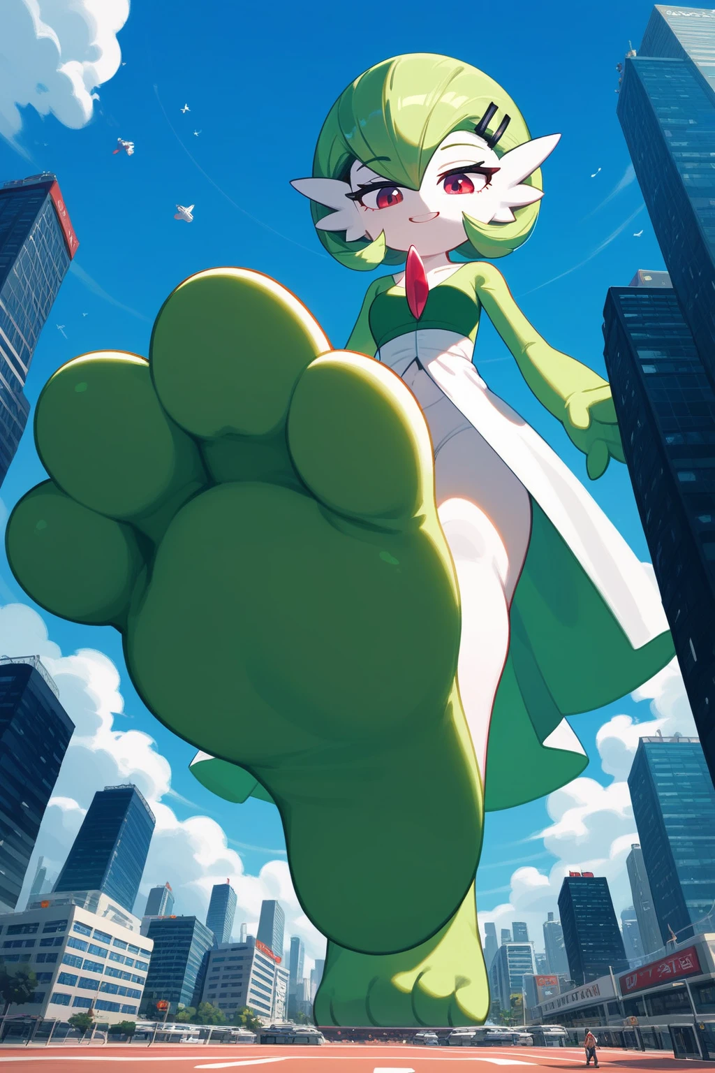 (Fraction_9,Fraction_8_Direction_7_up,), green legs, full body! shot, green and white, higurashi, danny phantom, full body shot close up, gardevoir, pokemon, sizedifference, macro, giantess, low angle, paws, stand, look down, 1 character, deceptive smile, hands down, half-squinted eyes, city, 2 feet, 4 toes