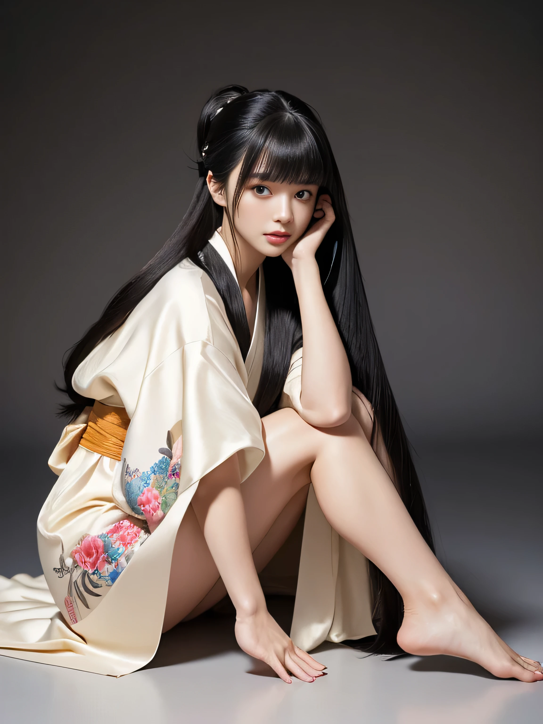 1woman ((Waist up shot)) ((She is wearing a random colored kimono)) (She is very sensual in random sitting poses) (She looks at the viewer and gives the most sexy look) ((Highest quality)), ((masterpiece)), (Family Friendly), (Get used to it) ((Big Breasts:1.2)) ((Her hair is very straight!!!!!)) (Her hair is pitch black!!!) ((Her bangs are neatly trimmed and straight down.:1.3)) (Very long hair Up to the ankle!!!!! Highest quality The finest details Very long hair Up to the ankle!!!!! Very long hair!!!!! It lasts forever!!!!! Flowing Hair Very shiny and thick hair Abnormally long hair!!!!! It lasts forever!!!!! Flowing Hair on both ends!!!!! Very long hair!!!!! Up to the ankle!!!!! Very long hair!!!!! Up to the ankle!!!!! Thick and shiny hair Very free hair Abnormally long hair!!!!! Beautiful silky hair Beautiful and shiny hair Beautiful and shiny hair Beautiful silky hair Very long hair Up to the ankle!!!!! Very long hair!!!!! Very long hair!!!!!) (Japanese Solo Photos'The most beautiful 24-year-old kimono model) Perfect woman'face (She has a typical Japanese build and skin color..., Her skin is very high quality and ultra high definition.、very beautiful and glowing skin) (Her face is dignified and sexy)(She applied sexy makeup with the help of a professional makeup artist...... Lipstick is bright red!!! The eyeliner is a beautiful black) (She has a typical Japanese build and skin color Her skin is very delicate and sensitive..、and、Such beautiful and radiant skin) ((Her face shape is thinner than average:1.4)) ((Her eyes are larger than average:1.4)) ((Her eyes are larger than average:1.6)) ((Rich 1.4)) (Extremely detailed 8K) (Ultra-fine skin texture 1.4) (Now, Vibrant:1.4), Sharp focus:1.2、Beautiful woman:1.4 Dynamic Lighting (Genuine RAW photos taken by professional photographers) very beautiful and glowing skin) (Surreal photos by professional photographers :1.2) (Very long hair Up to the ankle!!!!! Highest quality The finest details (Very long hair Up to