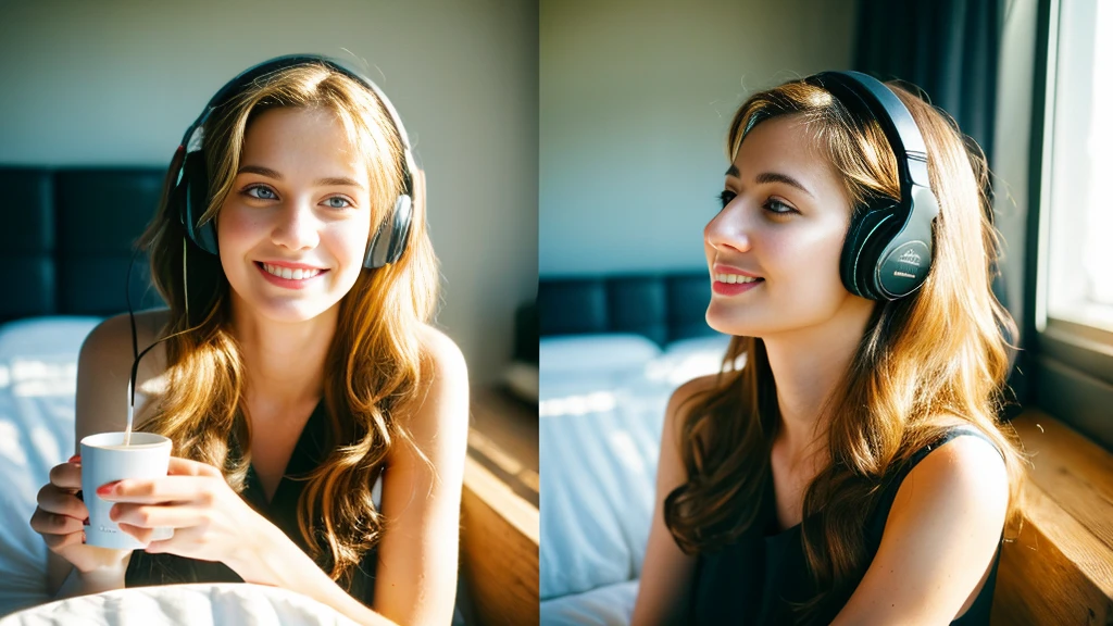 Beautiful blonde in a black dress (Sitting in bed with the morning sun shining in, holding a cup of coffee),Wearing headphones,Very detailed, 21 years old, Innocent face, Naturally Wavy Hair, blue eyes, High resolution, masterpiece, highest quality, Intricate details, Very detailed, Clear focus, Delicate skin, practical skin texture, texture, Delicate eyes, Professional, 4K, Cute Smile, Shot with Canon, 85mm, Shallow and deep, Kodak Vision Color, Exactly, Very detailed, photograph_\(Extremist\), photographpractical, practical, Post-processing, Maximum details, Roughness, Real Life, Extremist practical, Photorealism, photographgraphy, 8K Ultra HD, photographgraphy