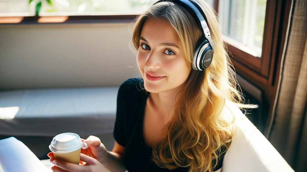 Beautiful blonde in a black dress (Sitting in bed with the morning sun shining in, holding a cup of coffee),Wearing headphones,Very detailed, 21 years old, Innocent face, Naturally Wavy Hair, blue eyes, High resolution, masterpiece, highest quality, Intricate details, Very detailed, Clear focus, Delicate skin, practical skin texture, texture, Delicate eyes, Professional, 4K, Cute Smile, Shot with Canon, 85mm, Shallow and deep, Kodak Vision Color, Exactly, Very detailed, photograph_\(Extremist\), photographpractical, practical, Post-processing, Maximum details, Roughness, Real Life, Extremist practical, Photorealism, photographgraphy, 8K Ultra HD, photographgraphy