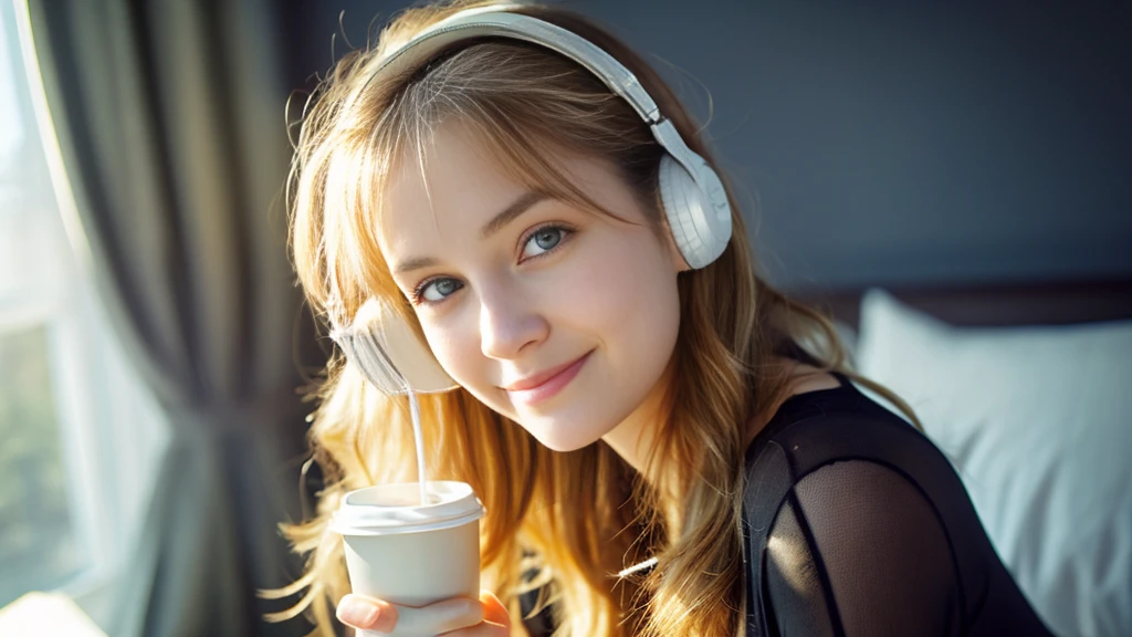 Beautiful blonde in a black dress (Sitting in bed with the morning sun shining in, holding a cup of coffee),Wearing headphones,Very detailed, 21 years old, Innocent face, Naturally Wavy Hair, blue eyes, High resolution, masterpiece, highest quality, Intricate details, Very detailed, Clear focus, Delicate skin, practical skin texture, texture, Delicate eyes, Professional, 4K, Cute Smile, Shot with Canon, 85mm, Shallow and deep, Kodak Vision Color, Exactly, Very detailed, photograph_\(Extremist\), photographpractical, practical, Post-processing, Maximum details, Roughness, Real Life, Extremist practical, Photorealism, photographgraphy, 8K Ultra HD, photographgraphy