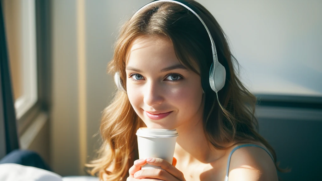 Beautiful blonde in a black dress (Sitting in bed with the morning sun shining in, holding a cup of coffee),Wearing headphones,Very detailed, 21 years old, Innocent face, Naturally Wavy Hair, blue eyes, High resolution, masterpiece, highest quality, Intricate details, Very detailed, Clear focus, Delicate skin, practical skin texture, texture, Delicate eyes, Professional, 4K, Cute Smile, Shot with Canon, 85mm, Shallow and deep, Kodak Vision Color, Exactly, Very detailed, photograph_\(Extremist\), photographpractical, practical, Post-processing, Maximum details, Roughness, Real Life, Extremist practical, Photorealism, photographgraphy, 8K Ultra HD, photographgraphy
