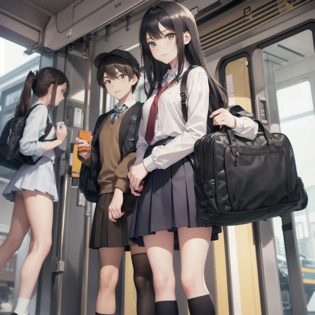 Man standing next to a train々Group of, photograph, Wearing a skirt and knee-high socks, school bag, Sexy Style,   Blur, Two Women,  photograph, Alliance, Atmospheric, Skirt lining, angle：Directly below