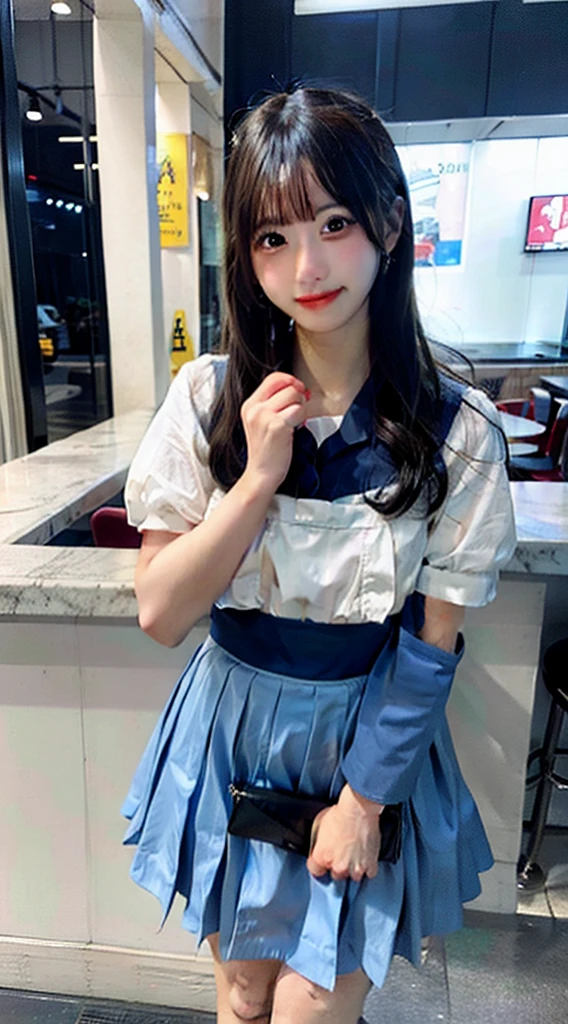 Waitress in a blue miniskirt