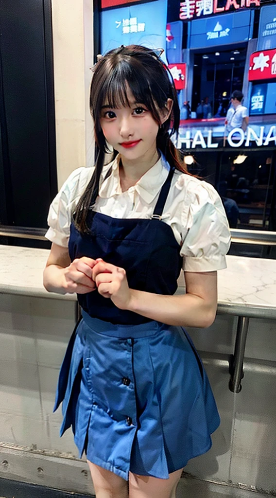 Waitress in a blue miniskirt