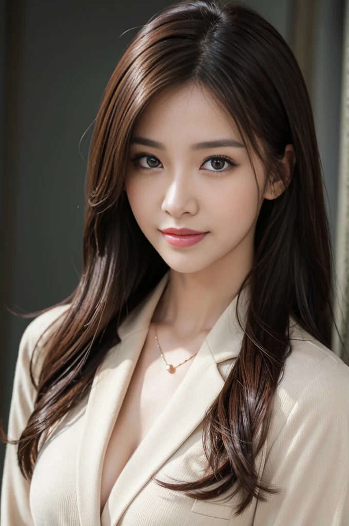 Tabletop、highest quality、Genuine、Very detailed、finely、High resolution、8k wallpaper、One beautiful woman、、、light brown disheveled hair、Wearing a business suit、Sharp focus、Perfect dynamic composition、Beautiful and beautiful eyes、Thin Hair、詳細なGenuineな肌の質感、smile、Close-up portrait、Waiting for model body to start