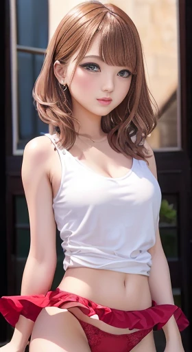 ((Tabletop, highest quality, High resolution, Hmph, Pixel perfect, 4K, Hmph, Hmph))), One Girl, single, alone, Beauty、The whole body is visible、 ((Bob Hair, bangs, Brown Hair)), ((Brown eyes, Beautiful eyelashes, Realistic eyes)), ((Detailed face, Blushing:1.2)), ((Smooth texture:0.75, Realistic texture:0.65, Realistic:1.1, Anime CG Style)), Medium chest, Dynamic Angle, Perfect body, (Red sleeveless tennis wear with a loose fit,Pleated skirt),Look at the chest、(No bra)、、, Tennis court、Daytime、Very embarrassing panic smile、(White lace panties)、the wind is strong,Lift up your skirt with both hands,