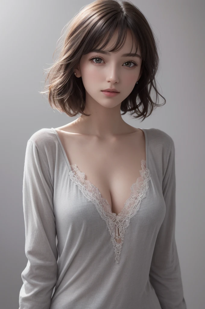 8K Ultra HD、RAWphotograph、モデルphotograph撮影、 European laces、(masterpiece、highest quality、Realistic、High resolution、photograph:1.3)、close、focus on、Hot Model、slim、30 year old  woman、Small face、No makeup、short hair、Beautiful dark brown Hayne eyes、Genuineスキン、(Perfect body)、Sexy hface、erotic、seight、slrt、Long sleeve、Hide your chest、Beautiful eyes in every detail、Glossy lips、Small breasts、Small breasts cup、((Bright ynamic Lighting、Genuine、超Genuine、 realism、Genuineなディテール、Cool Beauty、Cool pose、Background gray、Plain gray background