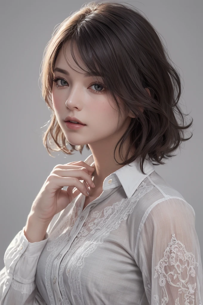 8K Ultra HD、RAWphotograph、モデルphotograph撮影、 European Fashion、(masterpiece、Highest quality、Realistic、High resolution、photograph:1.3)、close、focus on、Hot Model、slim、30 year old mature woman、Small face、No makeup、short hair、Beautiful dark brown Hayne eyes、Genuineスキン、(Perfect body)、Sexy hot face、erotic、sexual sight、slim、shirt、Long sleeve、Hide your chest、Beautiful eyes in every detail、Glossy lips、Small breasts、Small breasts、Bust B cup、((Bright light、Dynamic Lighting、Genuine、超Genuine、 realism、Genuineなディテール、Cool Beauty、Cool pose、Background white、Plain white background