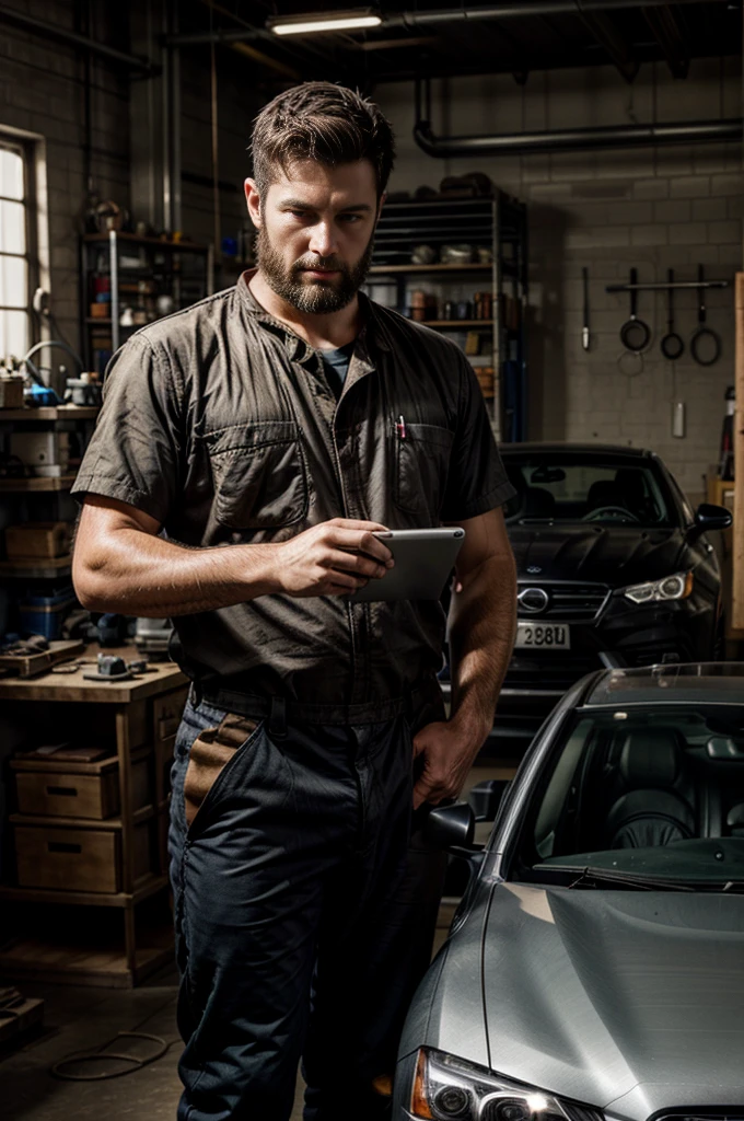 mechanic man, with a short beard in a workshop, next to a car, using a tablet, very realistic, very detail.