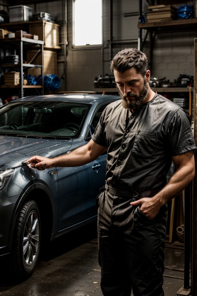 mechanic man, with a short beard in a workshop, next to a car, using a tablet, very realistic, very detail.
