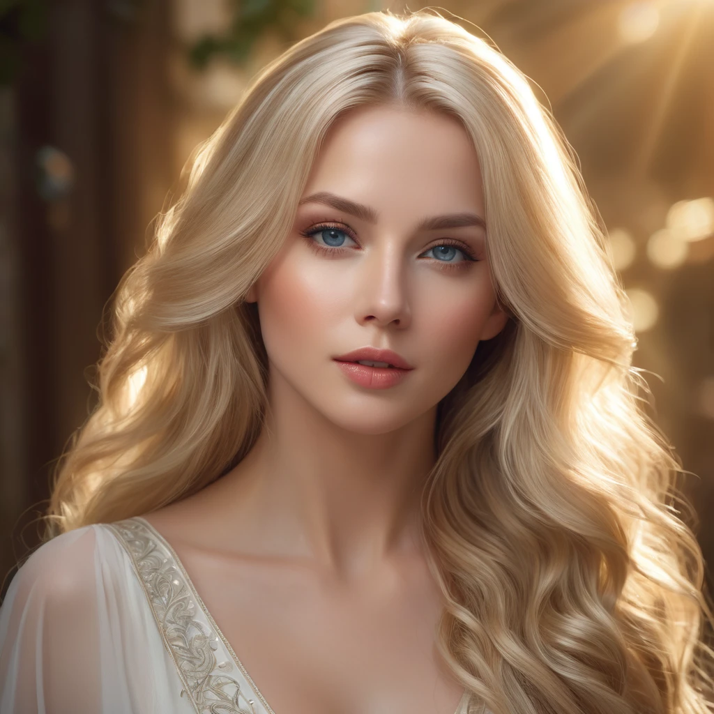 a blond woman, long flowing hair, serene expression, elegant pose, beautiful detailed eyes, beautiful detailed lips, ultra-detailed, (best quality,4k,8k,highres,masterpiece:1.2),ultra-detailed,(realistic,photorealistic,photo-realistic:1.37),dramatic lighting, cinematic atmosphere, ethereal, dreamlike, fantasy, mystical, glowing skin, natural beauty