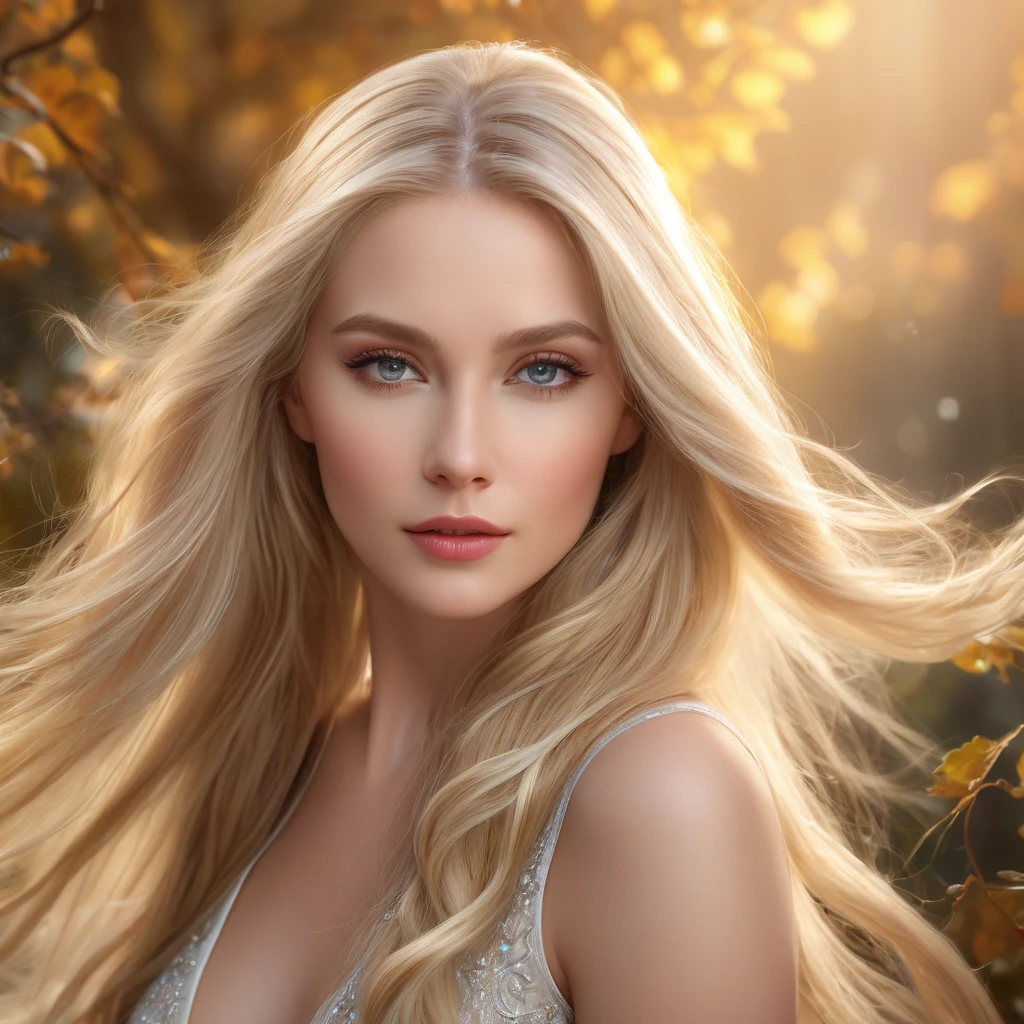a blond woman, long flowing hair, serene expression, elegant pose, beautiful detailed eyes, beautiful detailed lips, ultra-detailed, (best quality,4k,8k,highres,masterpiece:1.2),ultra-detailed,(realistic,photorealistic,photo-realistic:1.37),dramatic lighting, cinematic atmosphere, ethereal, dreamlike, fantasy, mystical, glowing skin, natural beauty