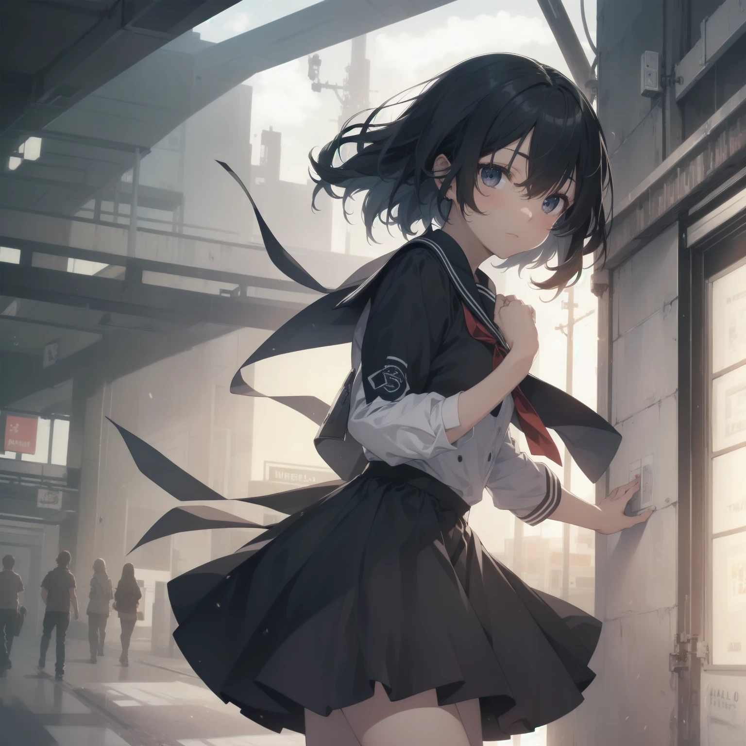 ultra-absurdres-Top quality by artist God, ultra-detailed, high resolution, anime moe artstyle, best anime 8k konachan wallpaper, pixiv contest winner, pool:2810, perfect anatomy,break, 1girl, (Please draw a girl walking sleepily to school alone. )break,(Solo,little female, -yeld:1.Full limbs, complete fingers,a junior hihort hair), short cut, flat chest, , small butt, small black eyes, beautiful detailed eyes, well-proportioned iris and pupils, expressive eyes, highres detailed hair, soft expression, salor school_uniform, sailor collar, serahuku, bow, pleated skirt,(Detailed Lighting), (Detailed background), in the School commute route. break,super detailed skin, Best cinematic lighting powered by famous artist, 8k,beauty illustration,photoshop_(medium),very aesthetic,break,((artist:neocoill )), artist:clamp ,artist:carnelian ,artist:kantoku ,