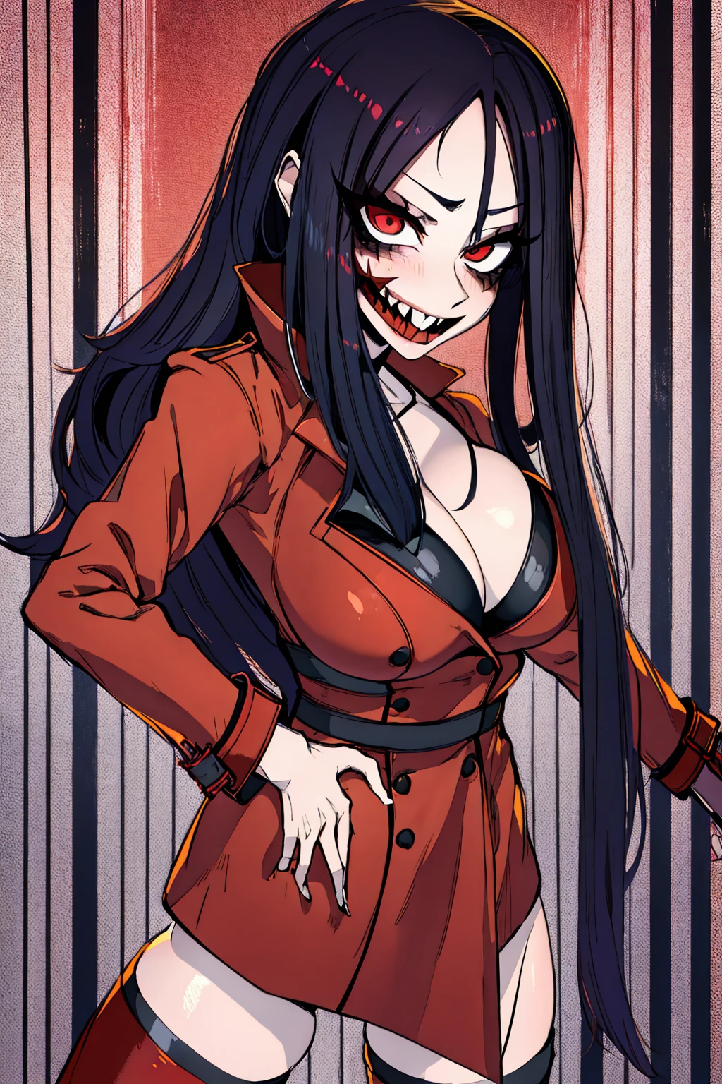 Kuchisake-onna Super Extra large breasts breast enlargement, red coat, long hair, red eyes, black garter stockings, black bikini, full-body shot, looking at the camera, standing alone in the rain, holding a large scissor in her right hand, lips split, stitches, smiling, blushing, shy
