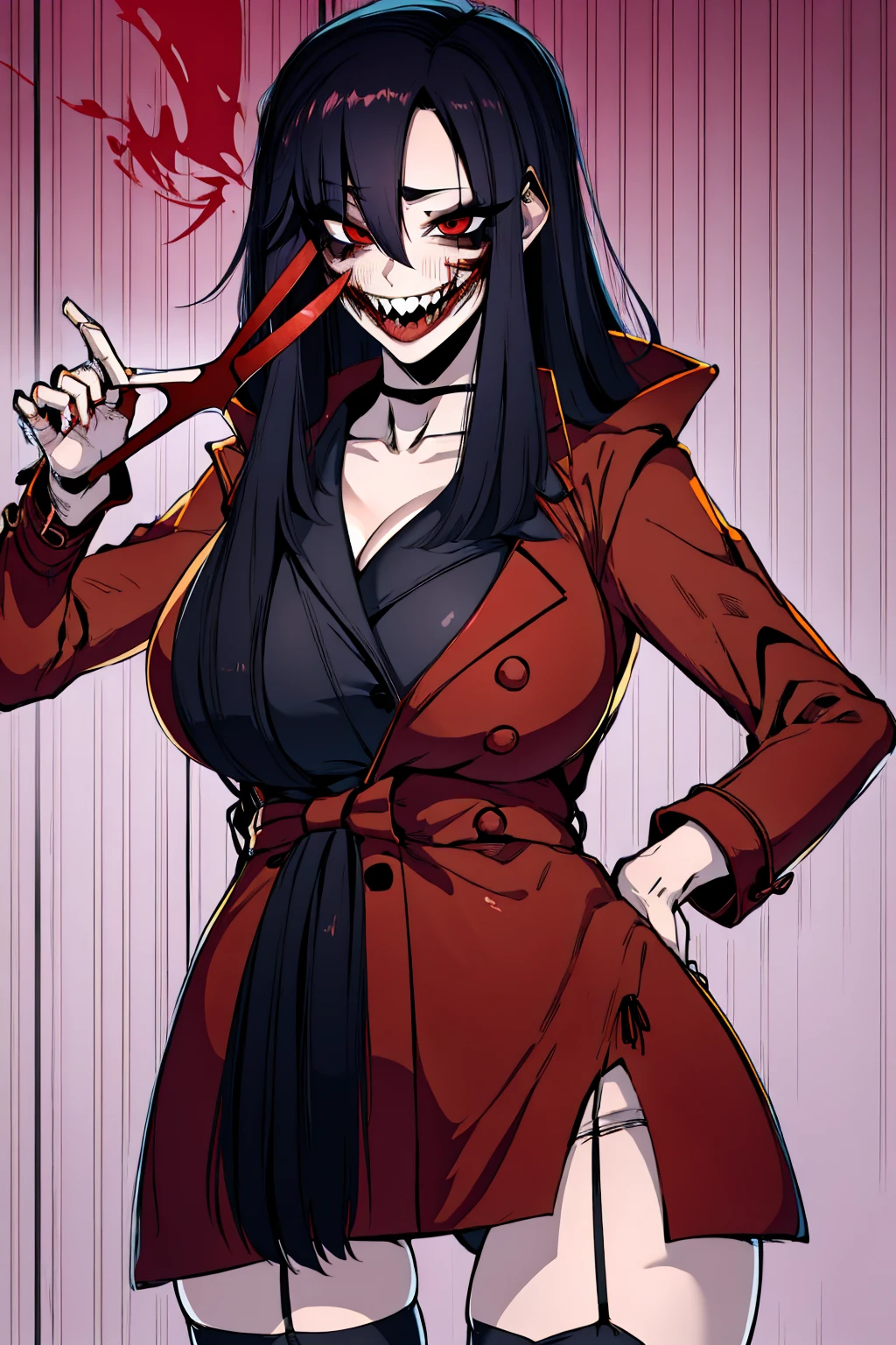 Kuchisake-onna Super Extra large breasts breast enlargement, red coat, long hair, red eyes, black garter stockings, black bikini, full-body shot, looking at the camera, standing alone in the rain, holding a large scissor in her right hand, lips split, stitches, smiling, blushing, shy
