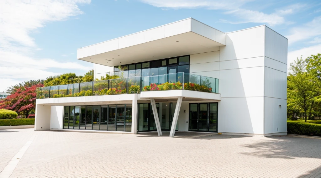 exterior of highrise office building, contemporary style, glass modern, industrial office, two floor, plants and flowers on balconies, vivid colour, beautiful landscape, stone pavement,cars, realistic, RAW photo, 8k uhd, dslr, soft lighting, high quality, film grain, Fujifilm XT3,masterpiece,