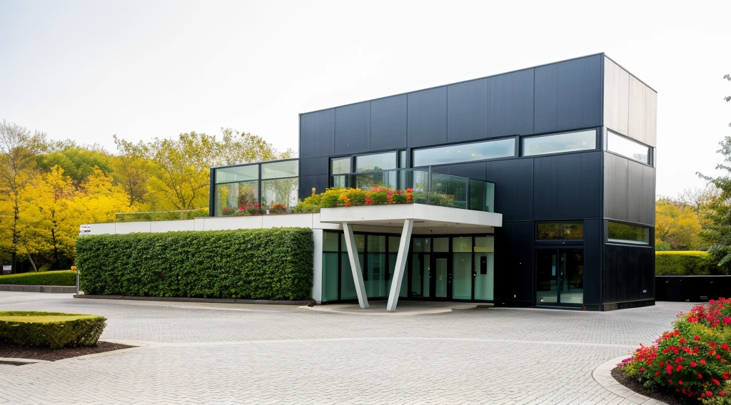 exterior of highrise office building, contemporary style, glass modern, industrial office, two floor, plants and flowers on balconies, vivid colour, beautiful landscape, stone pavement,cars, realistic, RAW photo, 8k uhd, dslr, soft lighting, high quality, film grain, Fujifilm XT3,masterpiece,
