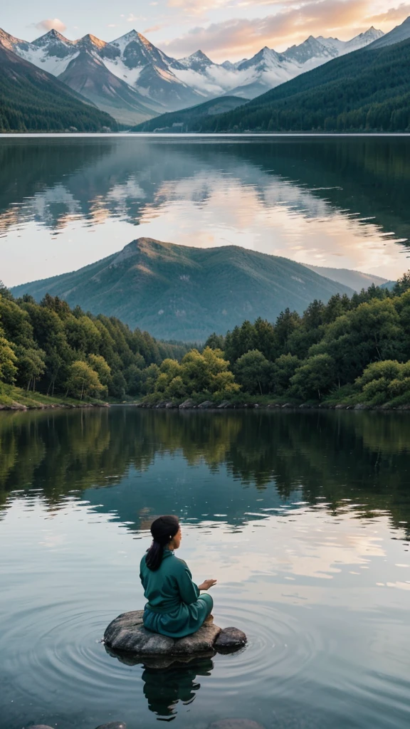 Create a serene landscape featuring a lone figure meditating by a calm, reflective lake, surrounded by majestic mountains in the background. The figure should be depicted in a simple, humble robe, sitting cross-legged on a rock by the water's edge, exuding a sense of calm and inner peace. The rising sun should cast a warm, gentle light over the scene, creating soft reflections on the lake's surface. In the distance, ancient trees and a small, simple wooden cabin can be seen, enhancing the tranquility of the setting. The overall color palette should include soft blues, greens, and earthy tones, emphasizing the connection with nature and the Stoic principles of mindfulness and harmony with the natural world. The image should convey a deep sense of serenity, contemplation, and the stoic pursuit of inner peace