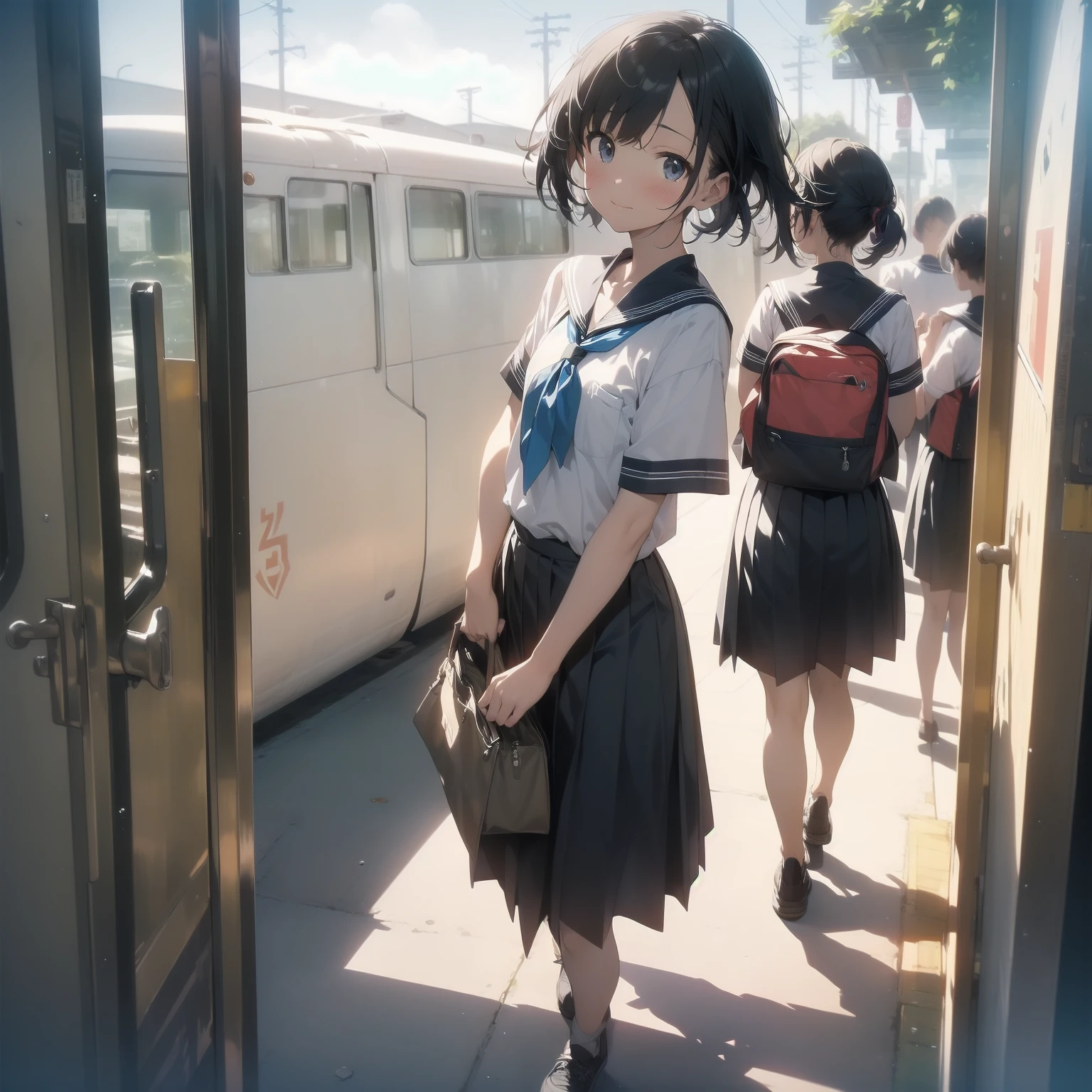 ultra-absurdres-Top quality by artist God, ultra-detailed, high resolution, anime moe artstyle, best anime 8k konachan wallpaper, pixiv contest winner, pool:2810, perfect anatomy,break, 1girl, (Please draw a girl walking sleepily to school alone. )break,(Solo,little female, -yeld:1.Full limbs, complete fingers,a junior hihort hair), short cut, flat chest, , small butt, small black eyes, beautiful detailed eyes, well-proportioned iris and pupils, expressive eyes, highres detailed hair, soft expression, salor school_uniform, sailor collar, serahuku, bow, pleated skirt,(Detailed Lighting), (Detailed background), in the School commute route. break,super detailed skin, Best cinematic lighting powered by famous artist, 8k,beauty illustration,photoshop_(medium),very aesthetic,break,((artist:neocoill )), artist:clamp ,artist:carnelian ,artist:kantoku ,