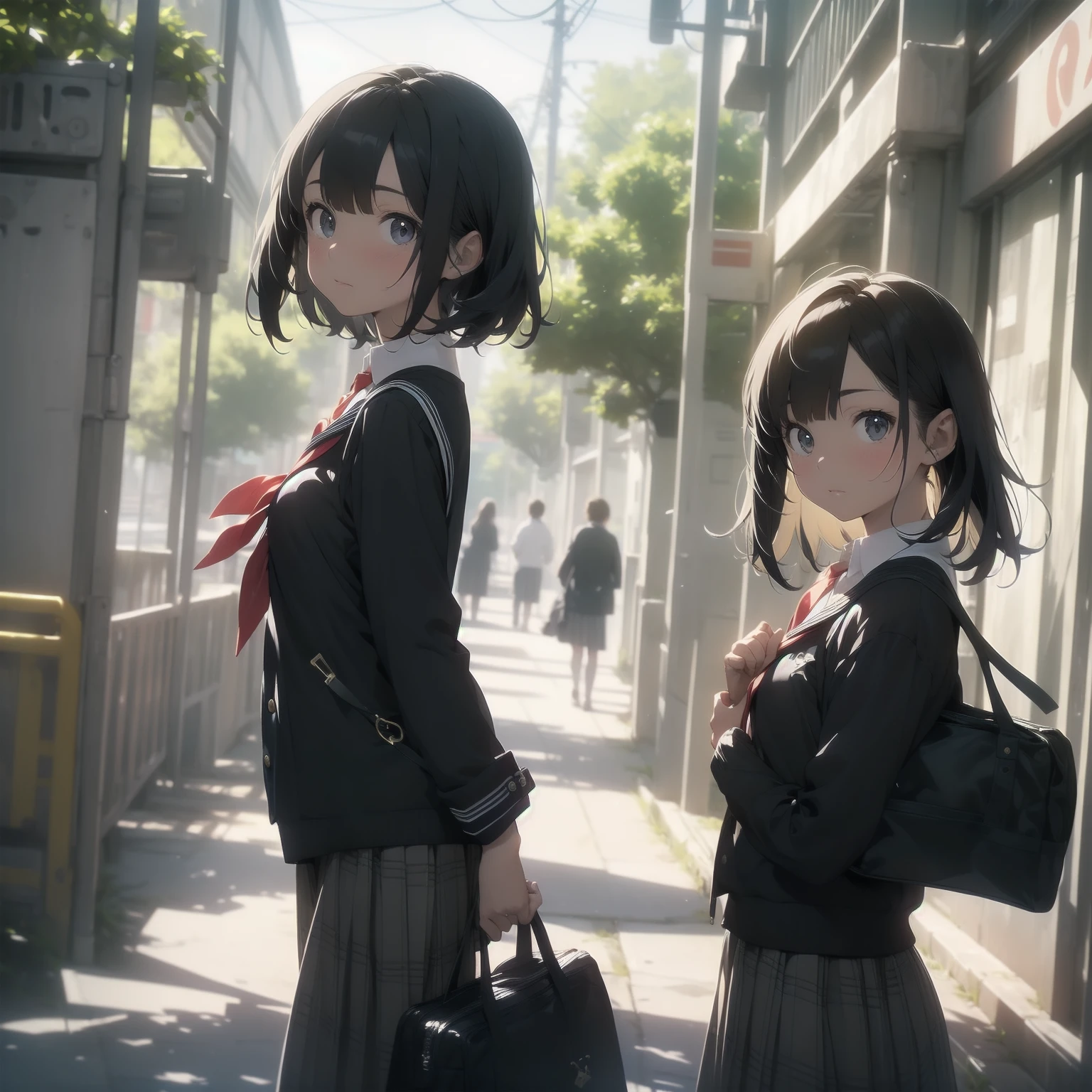 ultra-absurdres-Top quality by artist God, ultra-detailed, high resolution, anime moe artstyle, best anime 8k konachan wallpaper, pixiv contest winner, pool:2810, perfect anatomy,break, 1girl, (Please draw a girl walking sleepily to school alone. )break,(Solo,little female, 13-year-old:1.3),Full limbs, complete fingers,a junior high school student, (very short hair), short cut, flat chest, , small butt, small black eyes, beautiful detailed eyes, well-proportioned iris and pupils, expressive eyes, highres detailed hair, soft expression, salor school_uniform, sailor collar, serahuku, bow, pleated skirt,(Detailed Lighting), (Detailed background), in the School commute route. break,super detailed skin, Best cinematic lighting powered by famous artist, 8k,beauty illustration,photoshop_(medium),very aesthetic,break,((artist:neocoill )), artist:clamp ,artist:carnelian ,artist:kantoku ,
