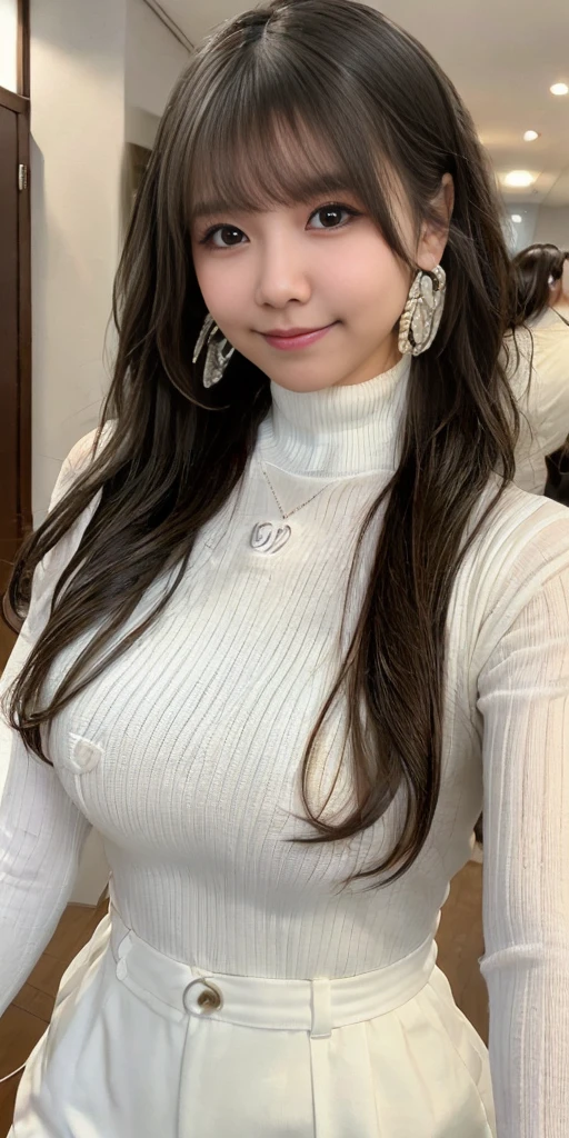 Female, 20 years old, short black wavy hair、bangss、y nippite Turtleneck Knit), cute smile face、((Poses that emphasize the buttocks、tound))、sexy hips、Cute eargs、(Tilt your head slightly)、underwear、Peachy Butt、Torn、Tattered、Serough、Transparency、baby doll、Idol