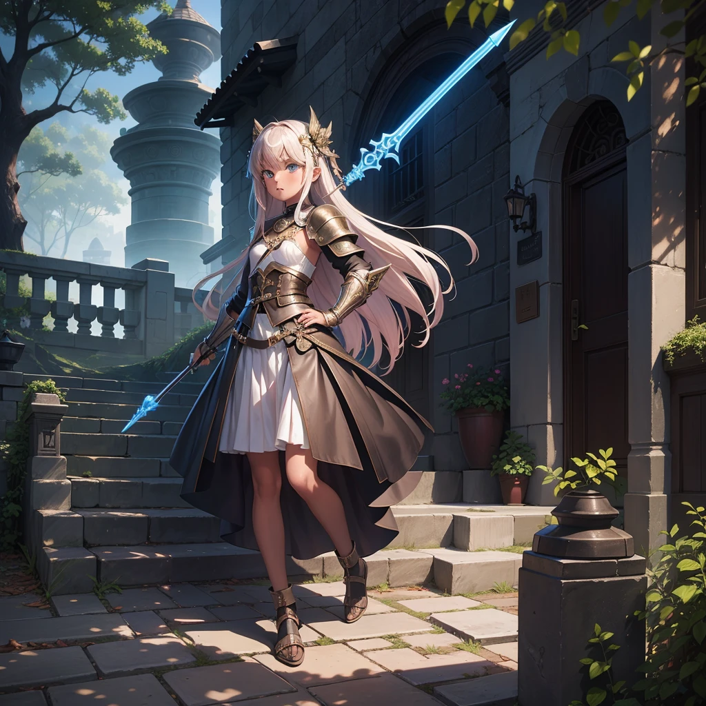 最high quality、high quality、************、Girl Adventurer、Climb the labyrinth stairs、leather armor、Long skirt、Skirt lining、Translucent slip、Holding a spear in both hands、