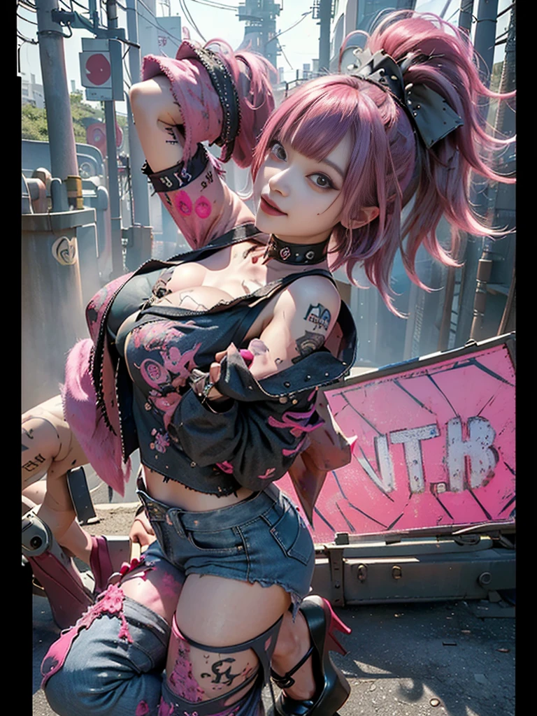 (Highest quality、8k、32K、masterpiece、Hmph:1.3)、(Photorealistic:1.4),((Shoot from the front,Looking at the audience,(whole body:1.5),)),((18-year-old punk girl,Unusual punk hair、Bright black and pink hair:1.3)),((Pink and black punk fashion、Flared mini skirt、Micro Bikini:1.5))、((He is holding a pink electric guitar in his right hand..:1.5)、Clothes with studs、Stuffed rabbit、Back backpack、Wacky makeup、A desolate town soaked in rain,Puddles on the road、(Cinema Lighting)、Written boundary depth,Blurred Background、
