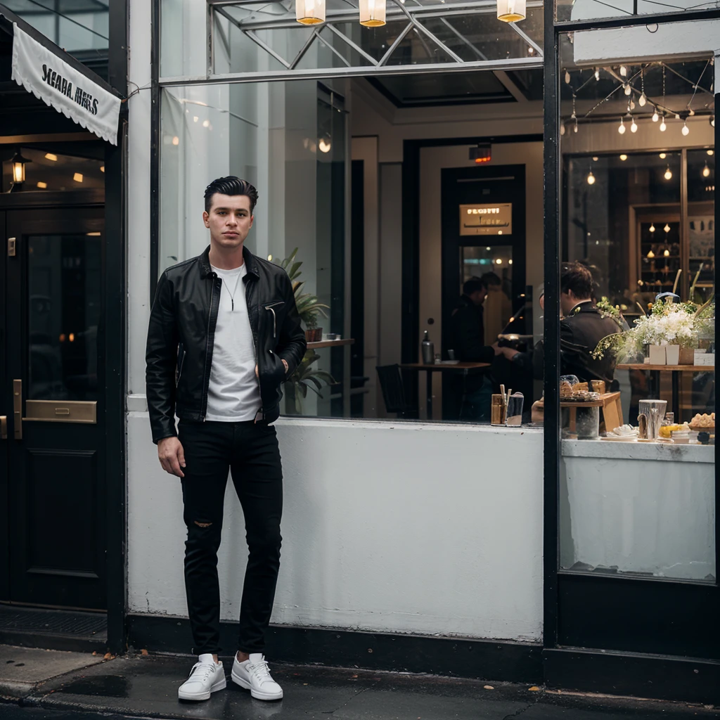 A white man with black tufted hair, wearing black jeans, a black shirt and a white jacket and he is wearing white shoes is standing in front of a restaurant with glass decorations.