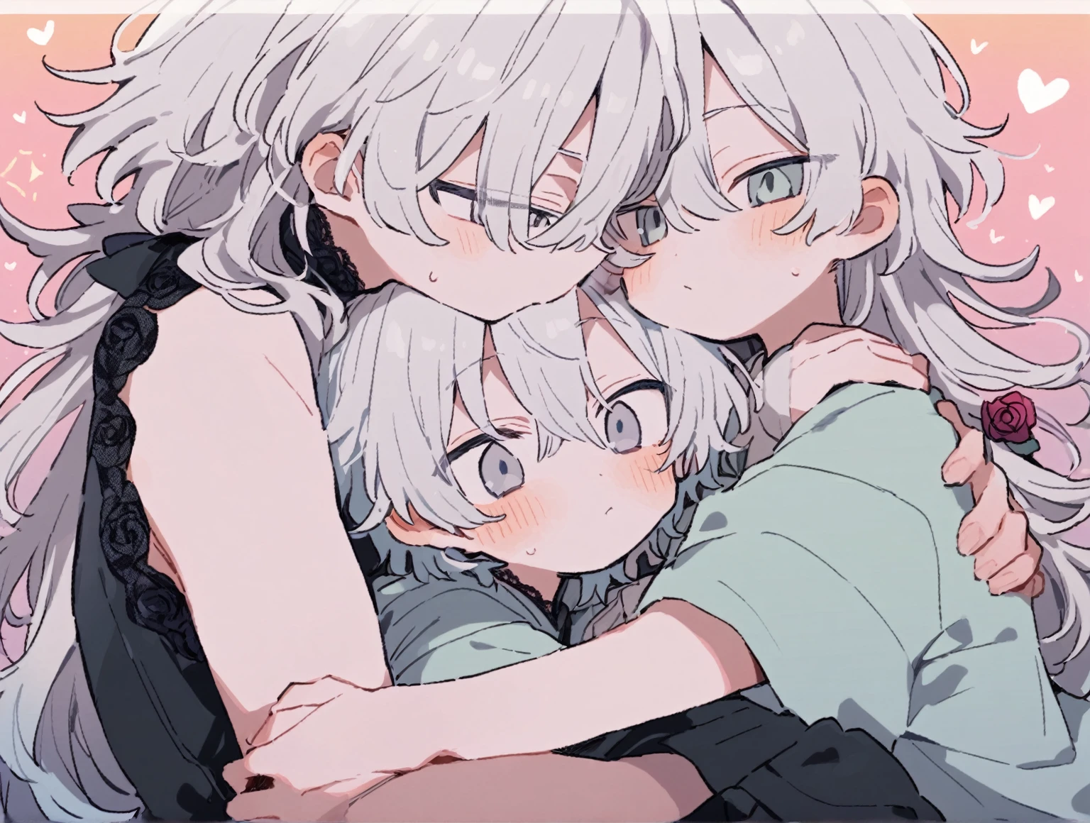 tegaki chibi 2boys pastel colors gradient flat chest yaoi gay boys love gothic rose white hair silver hair gray eyes aesthetic hug