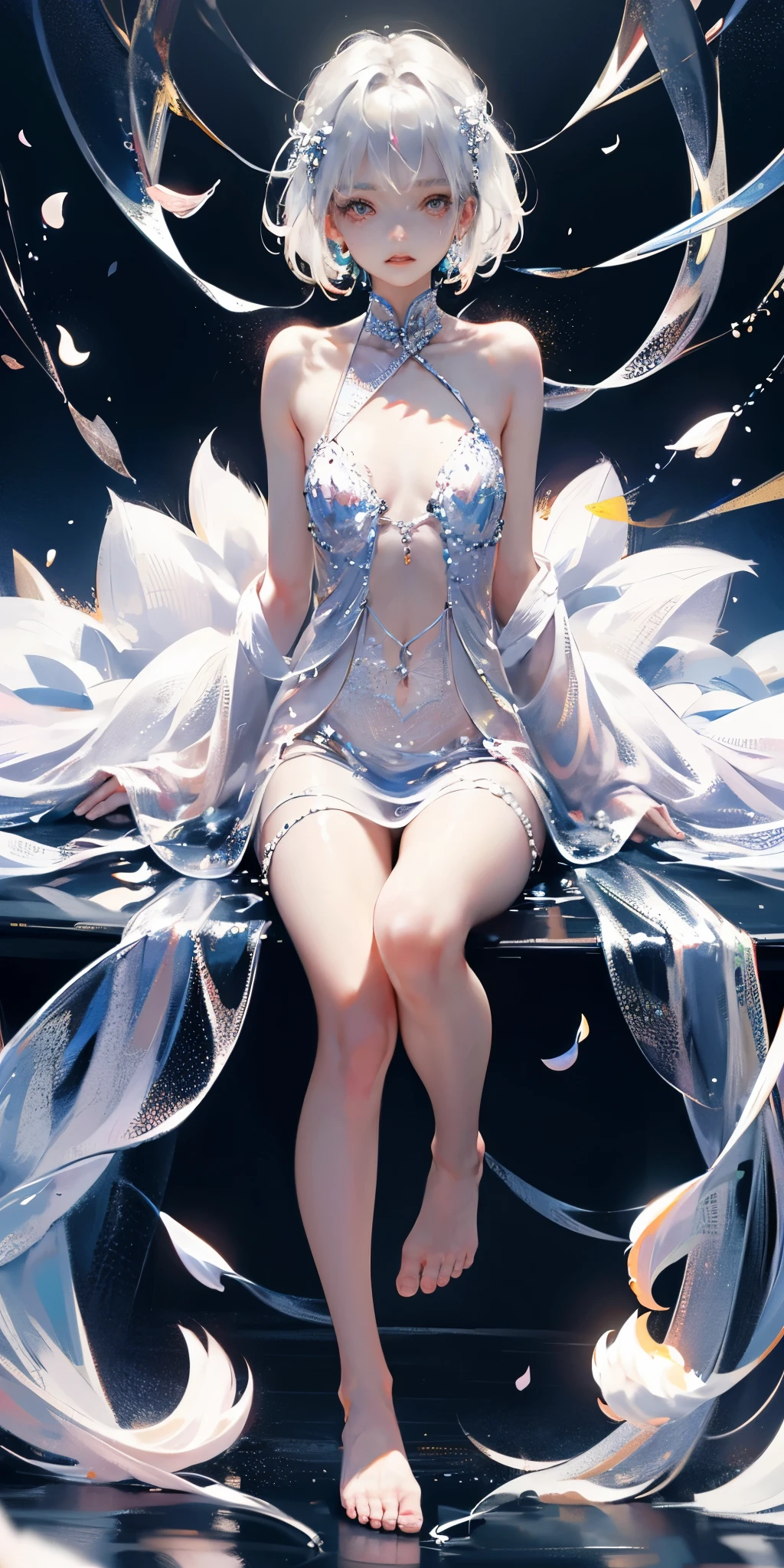 A girl、symmetry,Daughter,whole body 女恋,Put your hands together and bloom,(Very detailed:1.1),((small :1.2))、The eyes are well drawn、Charming eyes、Double tail、Wear jewelry and pearls around your neck,Transparent openwork、Deep V、Crystal Pearls、在Wear jewelry and pearls around your neck,white hair, show your thighs, Bare shoulders, Show clavicle, Yao Liu, barefoot,((whole body))、painful posture