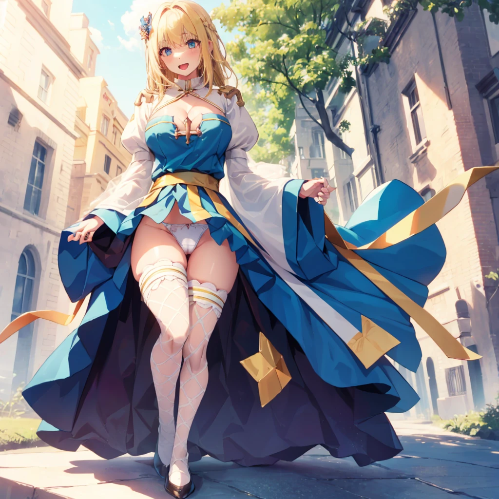 Texture CG,((Ultra Detail Art)),((master piece)),(extremely details CG),1girl,solo,ragnarokarch,(nsfw:1.2),(open legs with standing pose),gal,gyaru,beautiful breasts,slim body,slim legs,collarbones,slim and smooth lines,slim waist,small butt,(nipple erection:1.2),(panty shot:1.3),(show off panties:1.3),(wind lift:1.3),(highleg panties,thong,white panties),(cameltoe,pussy peek,huge erection clitoris),(((White Puff Sleeves))),white thigh thighs,Gold Sash,White blue dress from neck to chest,cleavage cutout,Long blue skirt with slit,(above knee length pelvic curtain),Blue Wide Sleeve,(Blue Dress narrow Front),long hair,golden blonde hair,Curve,Beautiful detailed eyes ,gleaming skin,open mouth,smile,outsides,clear sky,in summer,windy,garden,