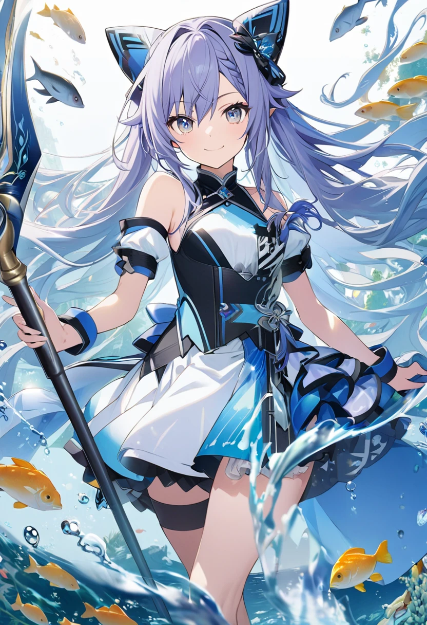 Keqing \(AKB0048 Next Stage\), (blue hair), (silver eyes):1.2, (male), (smiling sharply), (fin ears), ((ultra-detailed)), ((illustration)), ((flowing hair)), (beautiful detailed eyes), (male), (1man), (holding a spear), ((underwear, fishes)), looking at viewer