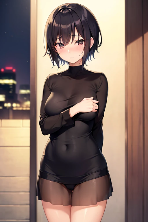 alone,(((Anime Style:3,Mature Woman,Shyness,Small breasts:1.3,80 years old,Fat))),Red face,Watery eye,Shyness,short hair,Downtown street corner at night,passenger,Put your arms behind your back,Black Hair,((She is wearing sexy lime green underwear underneath.)),Micro Mini Skirt、Knee-high socks,Absolute area,Well designed shirt,Sweat,See-through