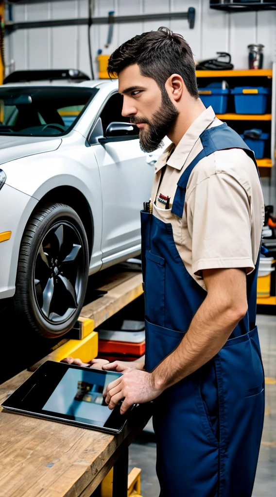 mechanic man, with a short beard in a workshop, next to a car, using a tablet